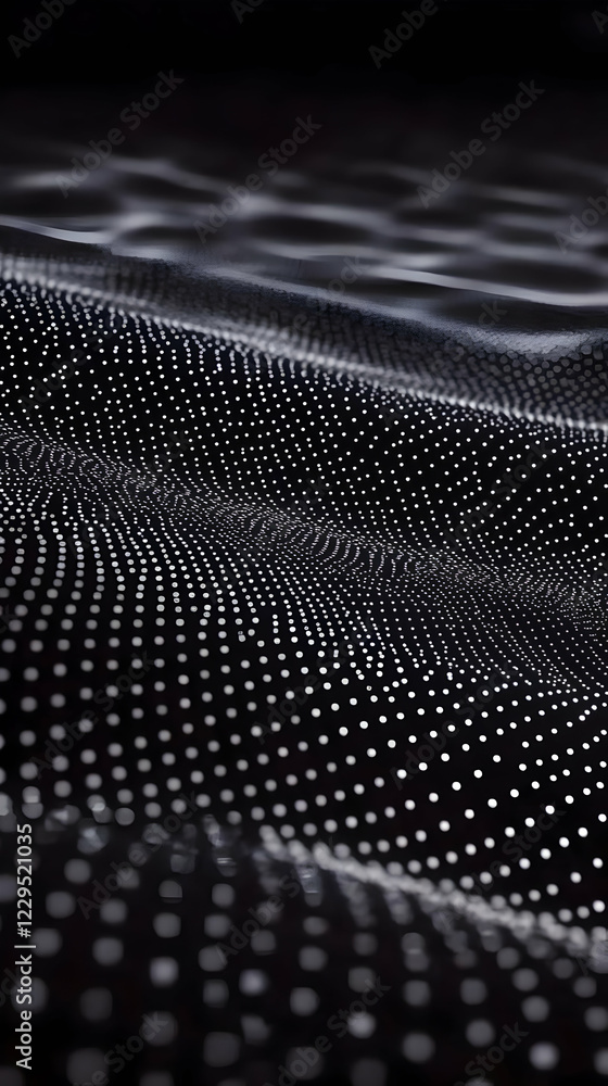 Poster abstract 3d wave flows smoothly with glowing dots gracefully on a dark background, creating visual d