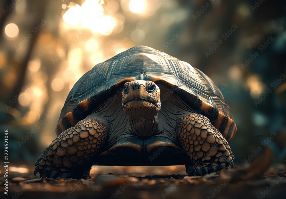 Poster majestic tortoise in a sunlit forest setting with soft light and natural background, showcasing deta