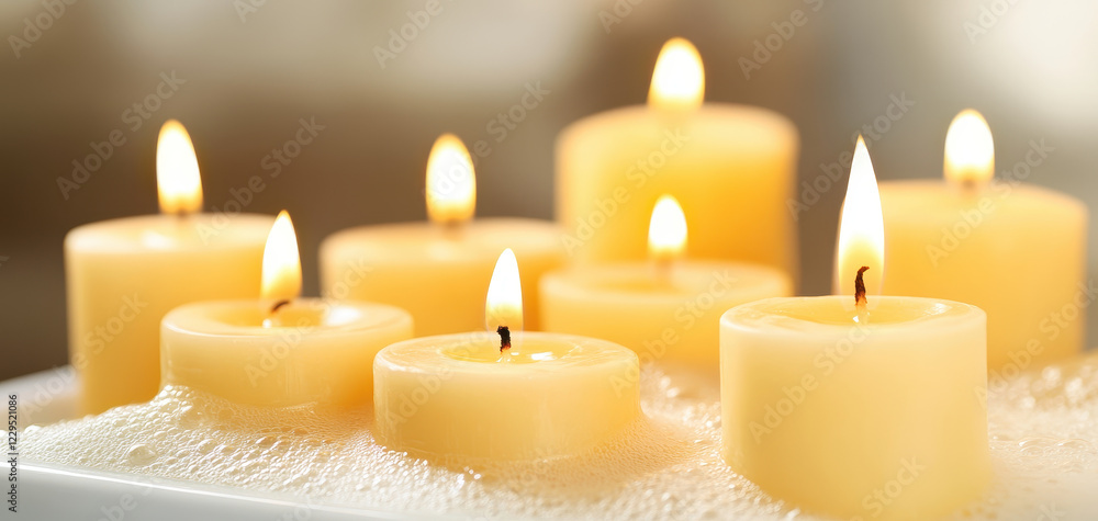 Poster relaxing scene with lit vanilla candles in soothing bath setting, creating warm and tranquil atmosph