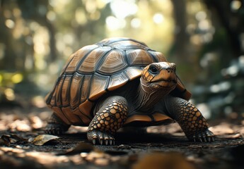 Obraz premium Majestic tortoise in a serene forest environment with soft sunlight filtering through trees, showcasing intricate shell patterns and vibrant colors