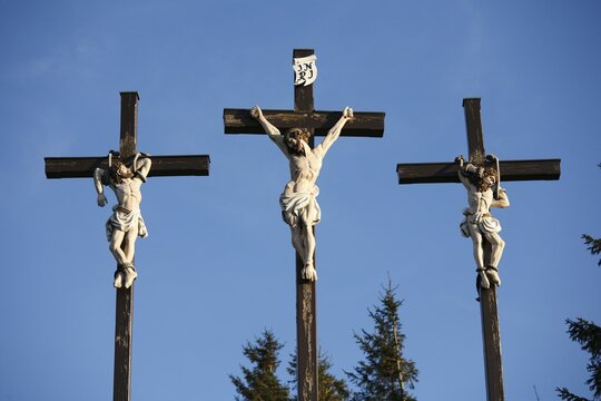 Three crosses on Kreuzberg mountain near Bischofsheim, Rhoen, Franconia, Bavaria, Germany, Europe