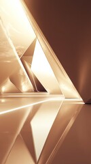 Abstract golden metallic interior with triangle shapes and reflections.