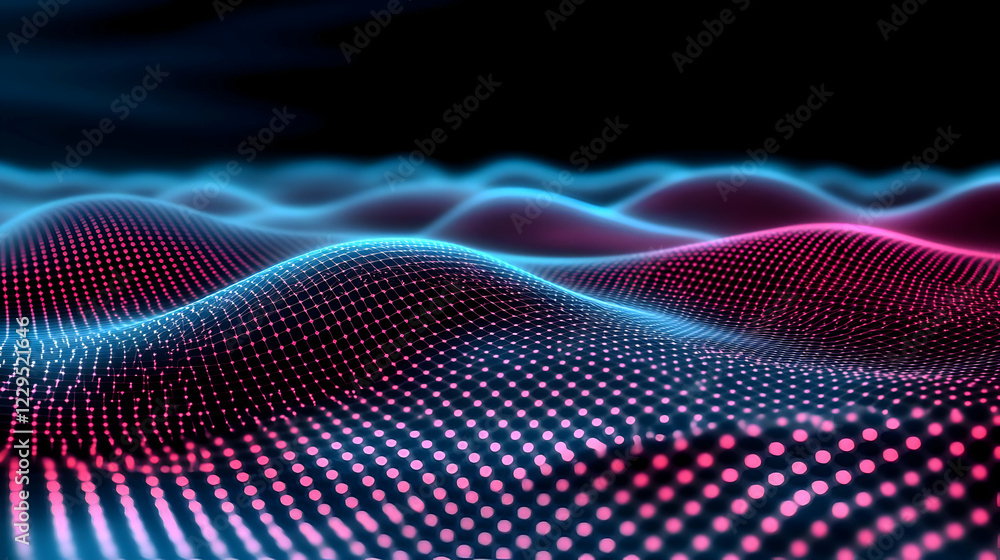 Aufkleber abstract 3d landscape forms a digital wave smoothly with neon light trails and dots network