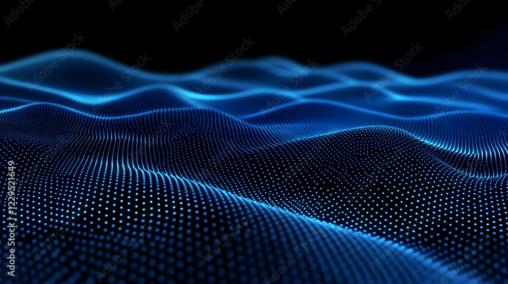 Poster abstract blue particle wave flows smoothly in a dark background.