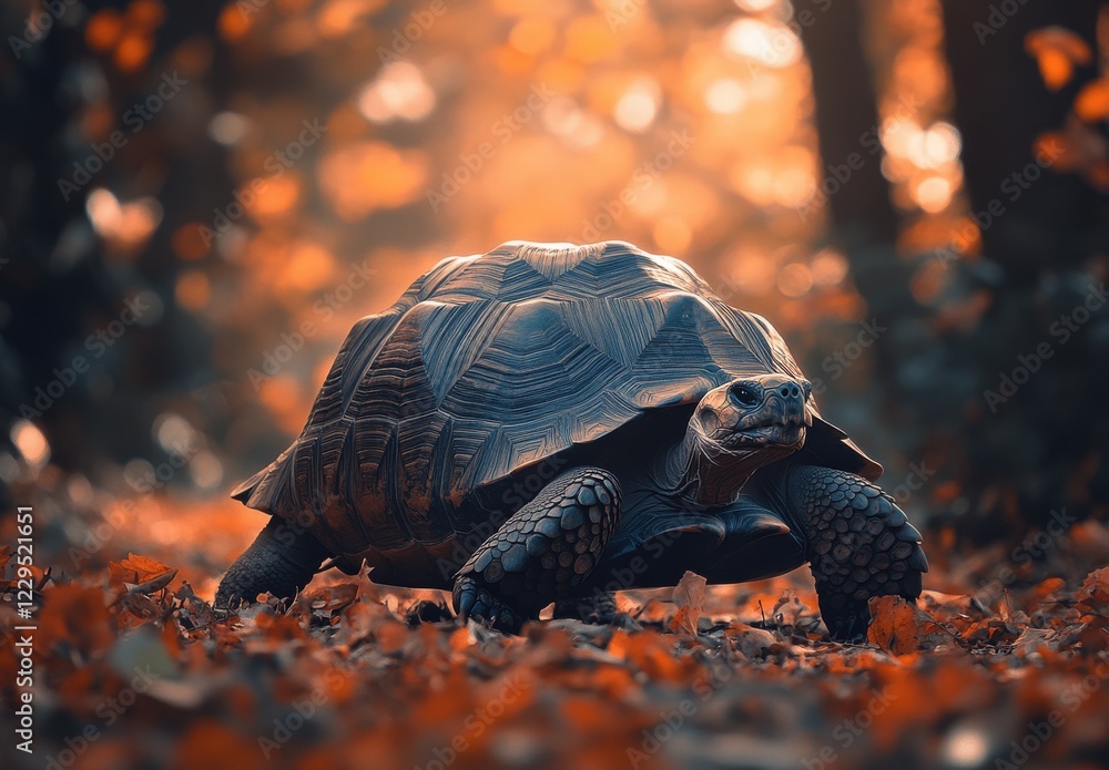 Poster majestic tortoise moving through autumn leaves in a forest setting with soft sunlight filtering thro