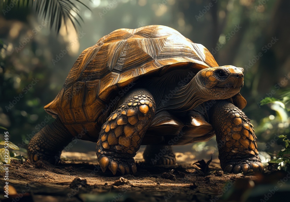 Poster majestic tortoise navigating through lush greenery in a vibrant forest environment, showcasing intri
