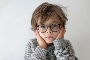 Fototapeta premium Young Boy in Glasses Standing on Cobblestone Street