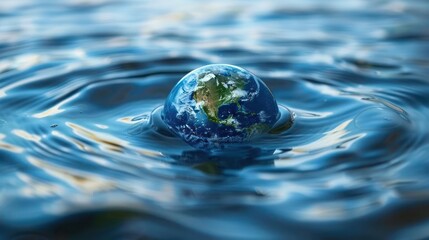 A close-up view of Earth emerging from water, creating ripples, with serene reflections in the background