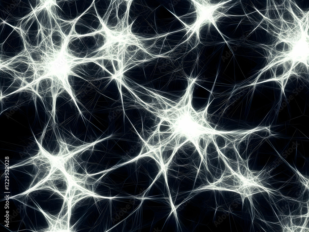 Poster abstract neural network illustration shows interconnected neurons on a dark background