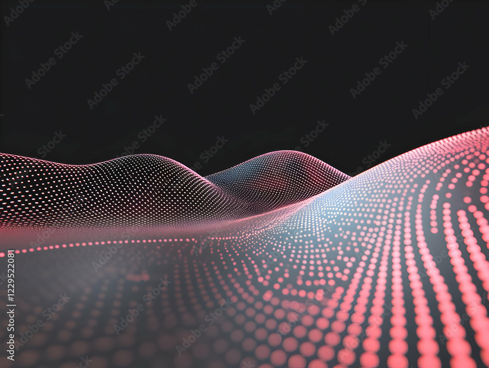 Poster abstract 3d landscape forms gentle waves of glowing particles smoothly across a dark background.