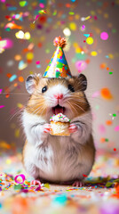 Cheerful Hamster in Party Hat Enjoying Mini Birthday Cake
