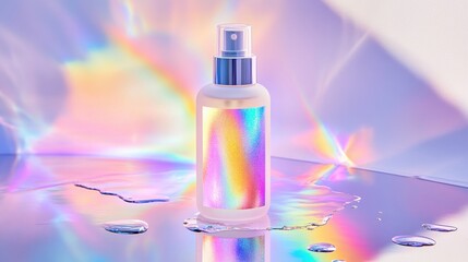 Iridescent cosmetic spray bottle on reflective surface with rainbow colors