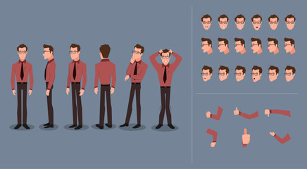 A Man Character Design Model Sheet with different poses and expressions. Vector illustrations