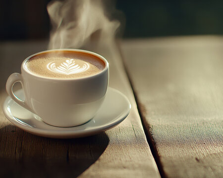 steaming cup of coffee with latte art sits on rustic wooden table, creating warm and inviting atmosphere perfect for relaxation