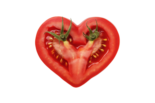 Single fresh tomato in heart shape isolated on png transparent background, generate ai 