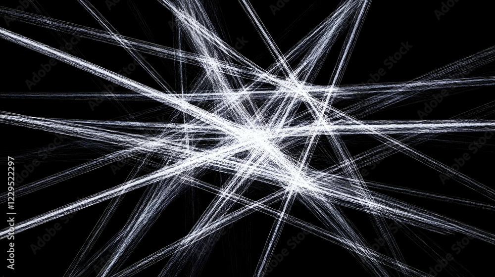 Poster abstract white lines intersect dynamically on a black background, creating a complex visual pattern