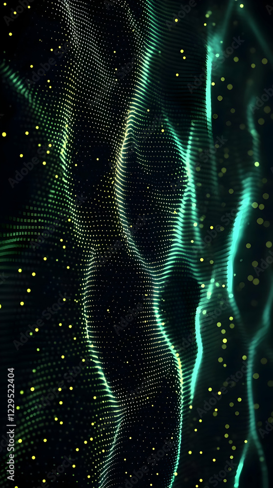 Poster abstract green particles flowing and glowing dynamically on a dark background
