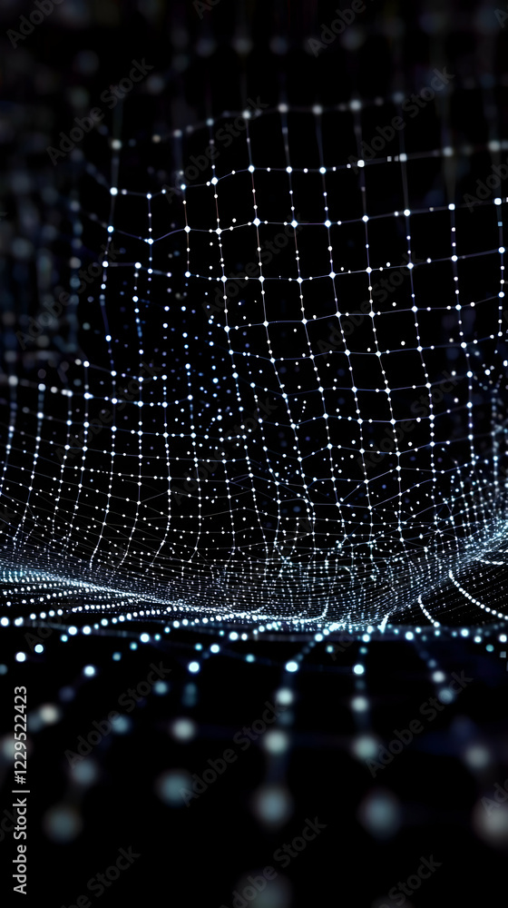 Poster abstract 3d mesh network glowing with light particles on a dark background