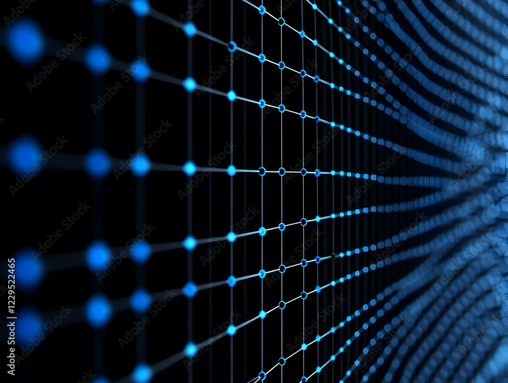 Poster abstract 3d grid with blue nodes and connections extends into the distance