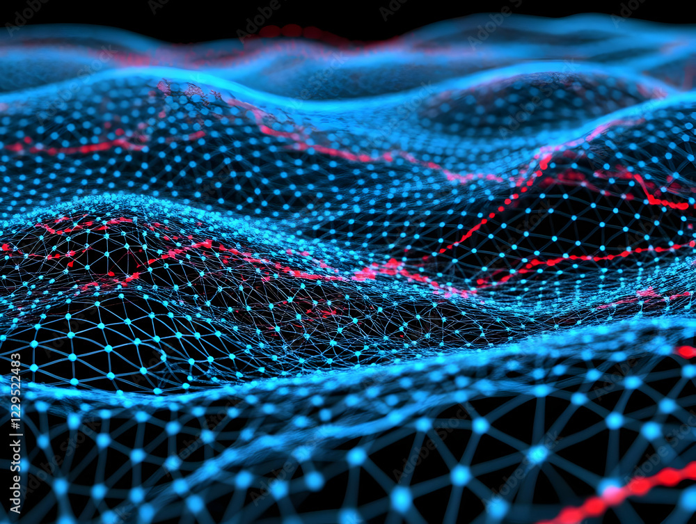 Poster abstract 3d network grid with blue and red nodes creates a wavy landscape in digital space