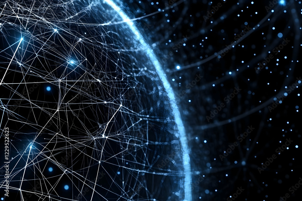 Poster abstract 3d illustration shows a globe with network connections and glowing points, symbolizing glob