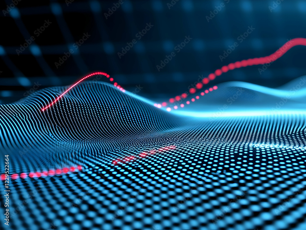 Poster abstract 3d landscape forms a digital wave with glowing dots and red line trails.