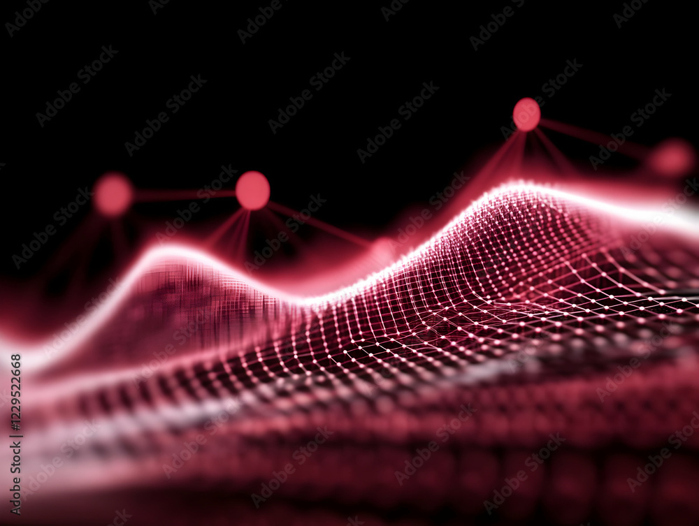 Poster abstract 3d red mesh network visualization forms a digital landscape background with glowing nodes.