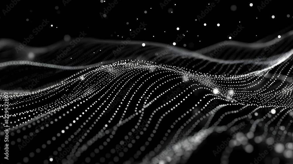 Poster Abstract 3D White Particle Waves Flowing Smoothly on a Black Background