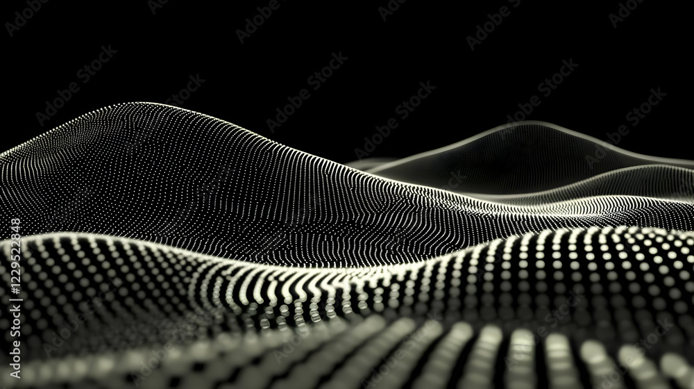 Poster abstract 3d landscape forms undulating waves of white dots on a black background, creating a futuris
