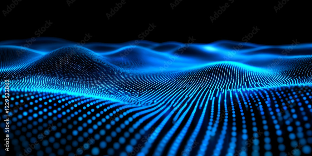 Poster abstract blue digital wave particles flow smoothly on a dark background for technology concept.