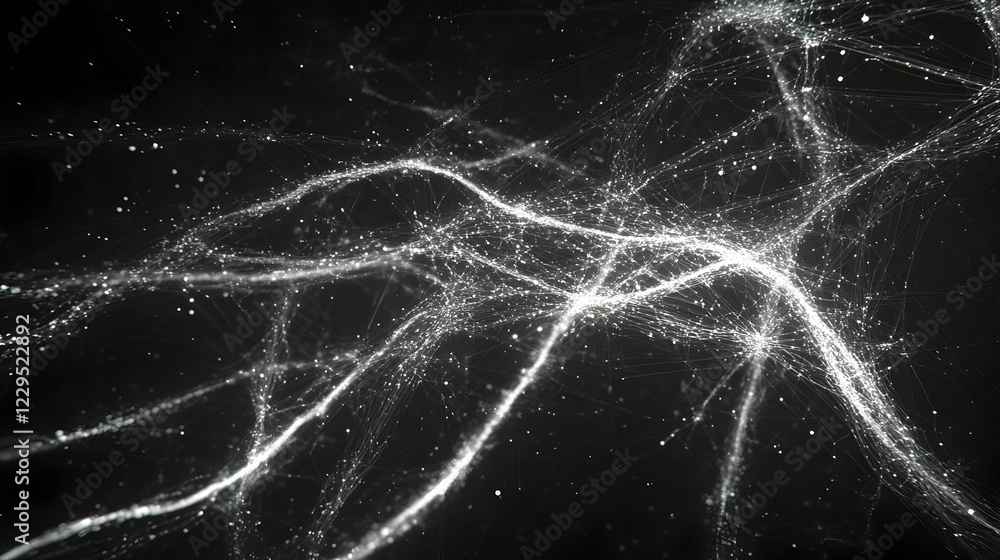 Poster abstract white network of lines and particles glows brightly against a dark background