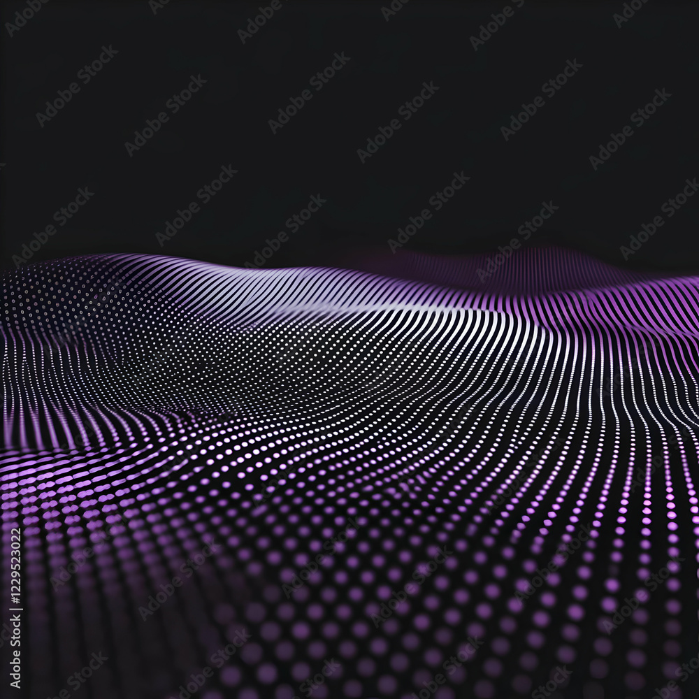 Poster abstract purple particle wave flows smoothly on a dark background.