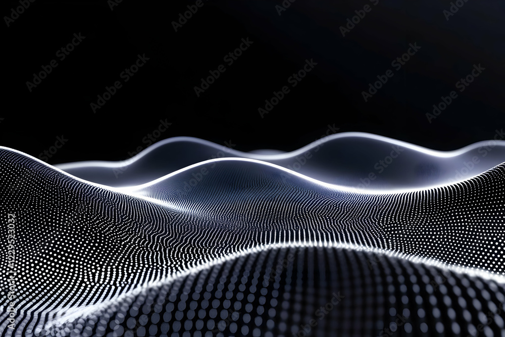 Poster abstract 3d landscape with flowing particle waves on a dark background forms a dynamic digital art.