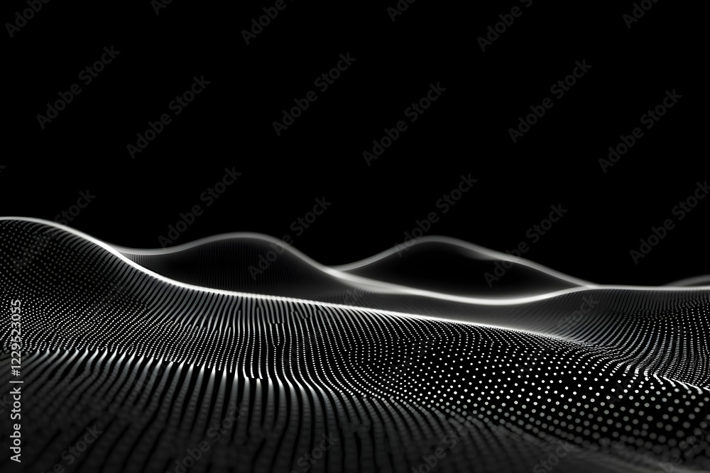 Aufkleber abstract 3d landscape with flowing particles forms gentle waves on a dark background