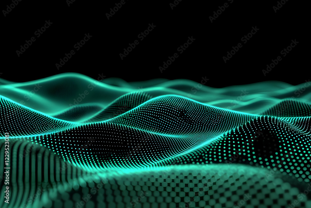 Poster abstract 3d green particle waves flowing smoothly on a black background