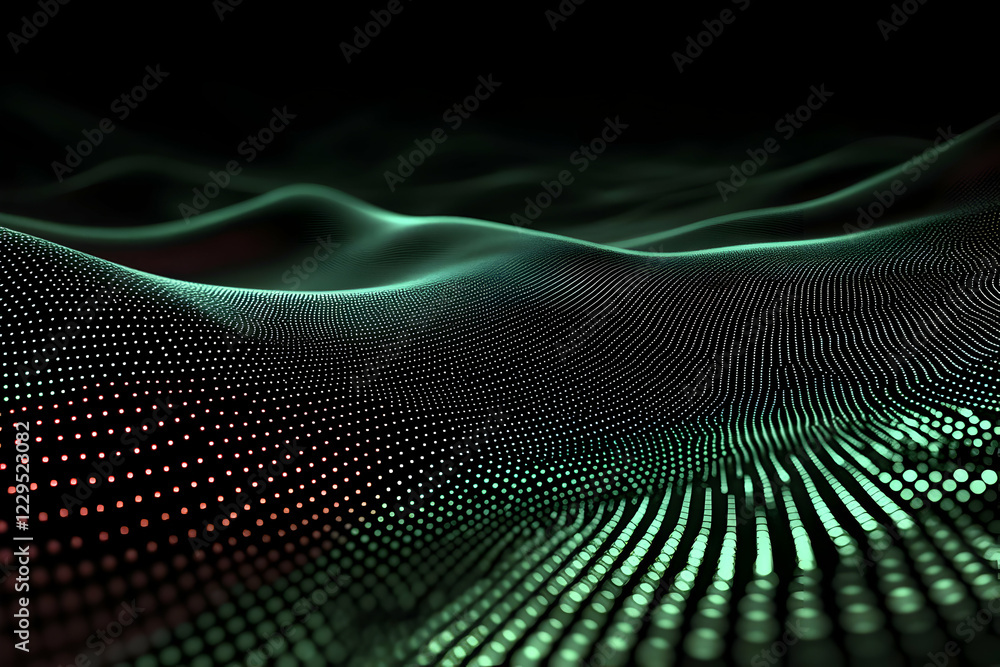 Poster abstract 3d landscape forms a wavy surface with glowing dots in the dark background.
