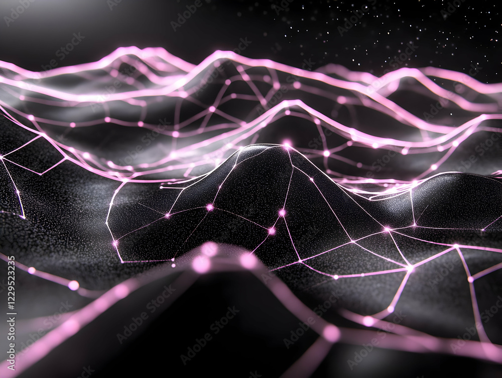 Poster Abstract 3D landscape with glowing pink network connecting the points smoothly.