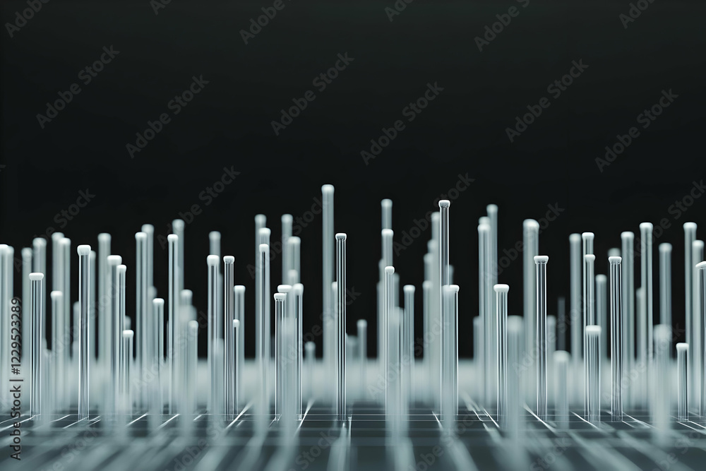 Poster abstract 3d render of glass cylinders on a grid, creating a futuristic cityscape on a dark backgroun