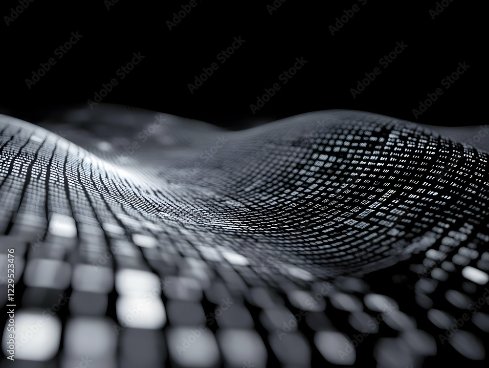 Poster abstract 3d wavy surface with digital code flows smoothly and elegantly on a dark background.