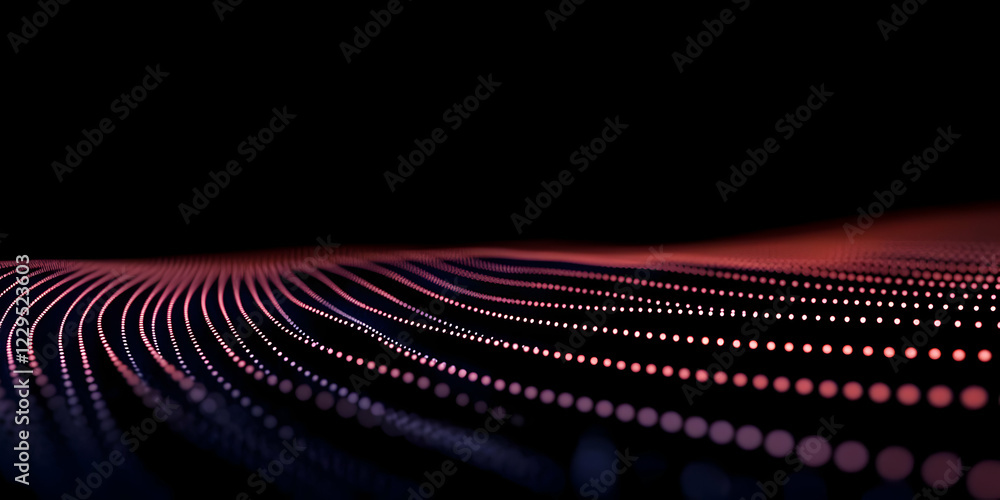 Poster abstract 3d rendered digital wave of particles flows smoothly across a dark background.