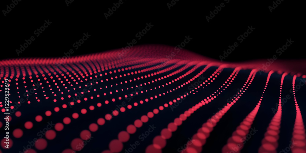 Poster abstract red particle waves flowing smoothly on a dark background
