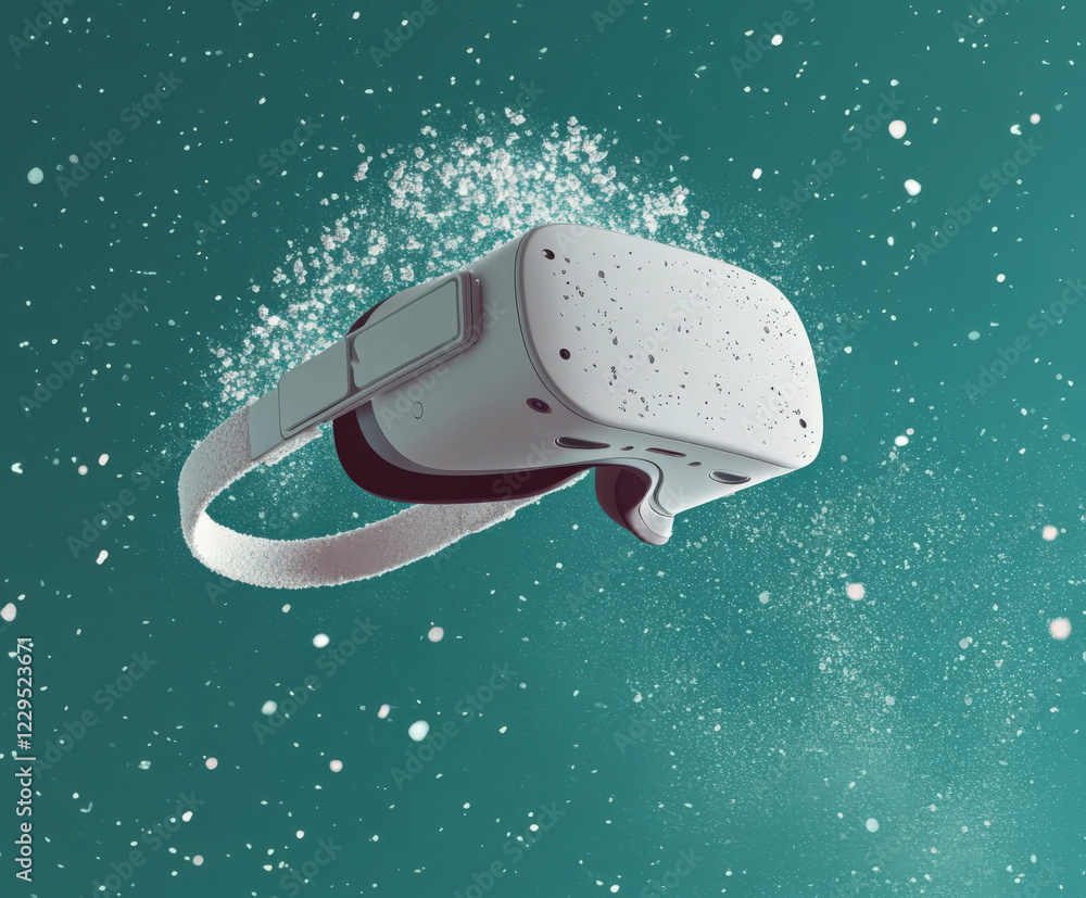 Poster virtual reality headset floating in a cosmic background with sparkling effects