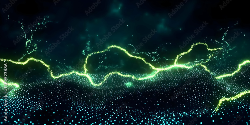 Poster abstract background with glowing particles and light trails dynamically flowing across a dark backdr