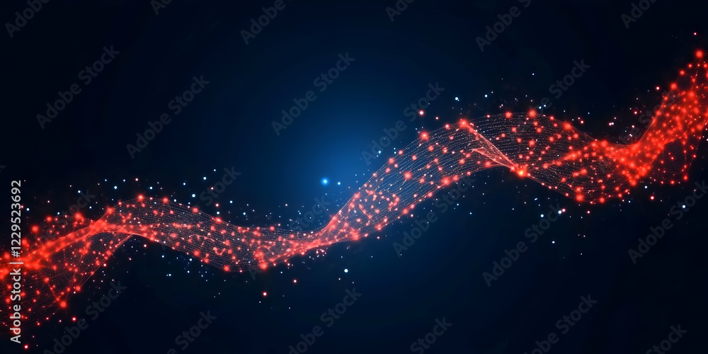 Poster abstract red wave flows smoothly across a dark blue background with sparkling particles