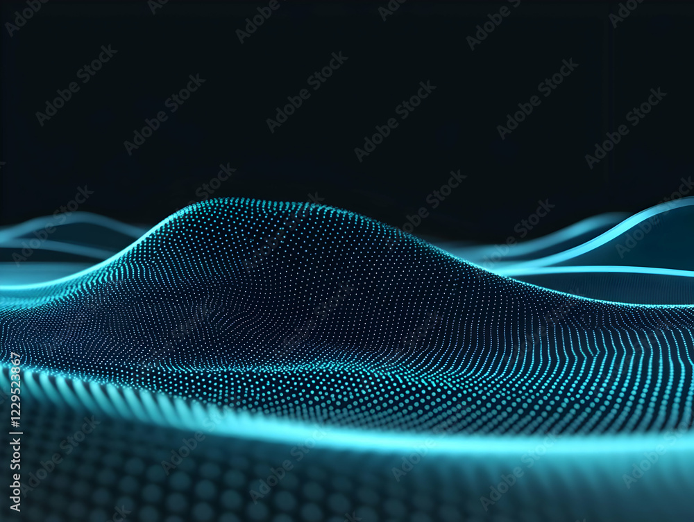 Poster abstract 3d landscape forms undulating surface with glowing particles in dark background.