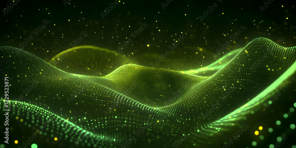 Poster abstract green digital landscape flows smoothly with shimmering particles.