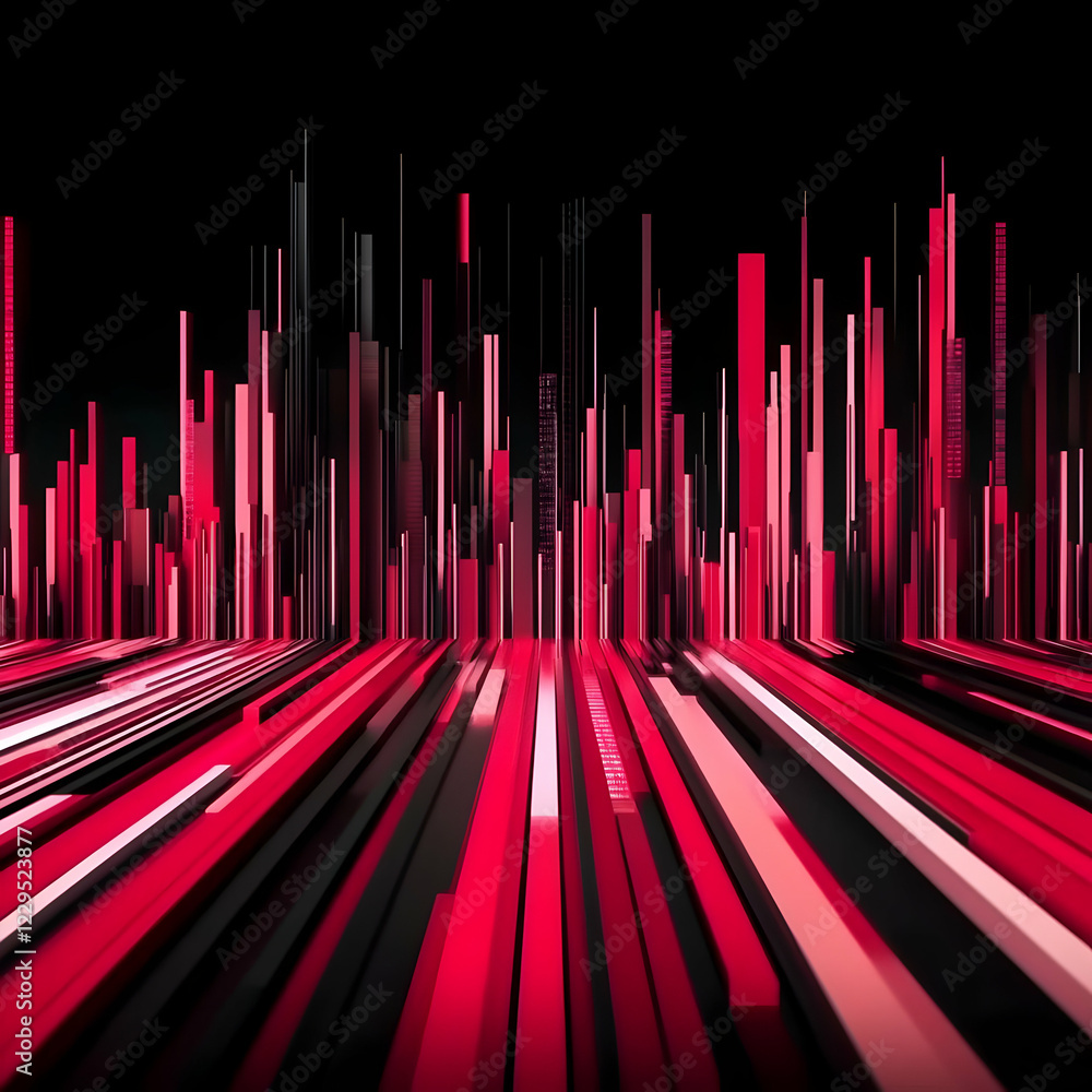 Poster abstract 3d cityscape with red and black vertical lines converging dynamically
