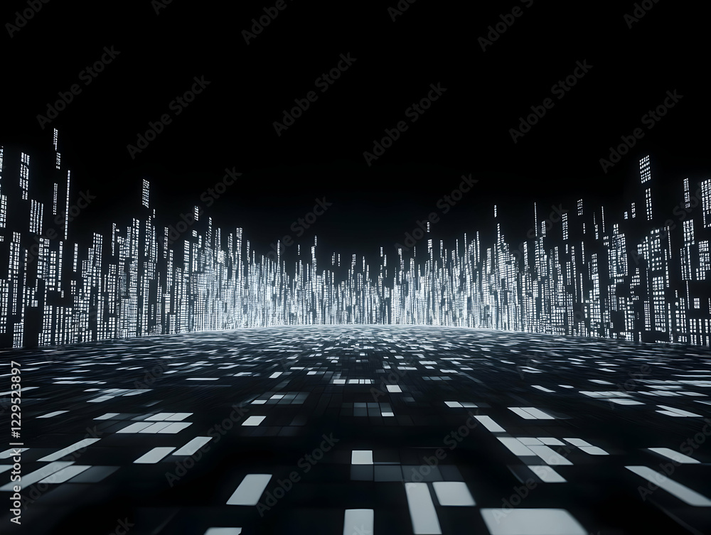 Aufkleber abstract 3d cityscape illuminates with digital data streams on a dark background.