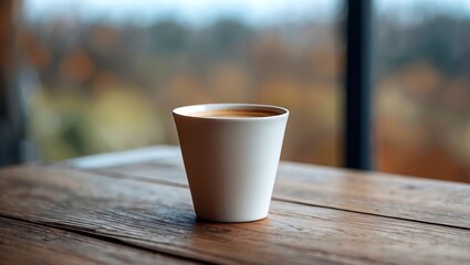 Minimalist coffee cup on wooden table with nature view