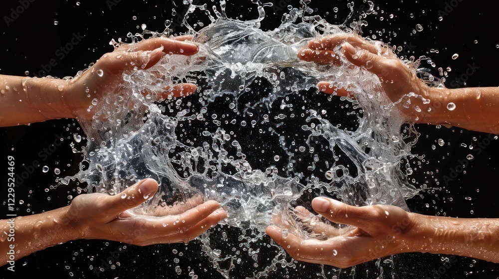 Poster two hands creating a splash of water in a dynamic display against a dark background